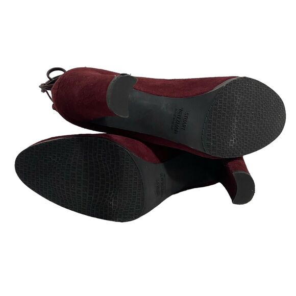 Stuart Weitzman Burgundy Suede Glove Tie Back Round Toe Heeled Ankle Bootie 7.5 - Picture 10 of 12